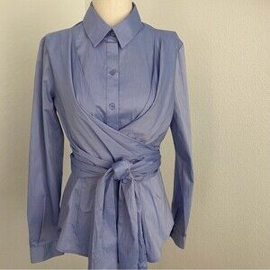 NWT  7th Ave Design As Seen on TV Blue Wrap Front Buttons L Sleeve Sexy Size S